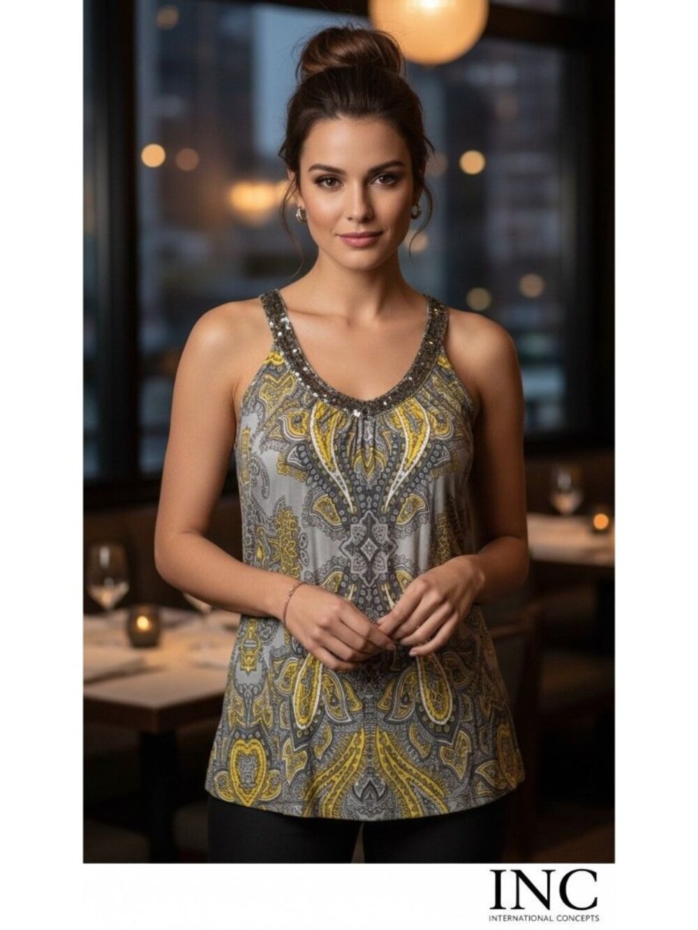 INC Gray & Yellow Paisley Print Sequined Tank Top Boho-Glam Y2K Boho-Chic Indie